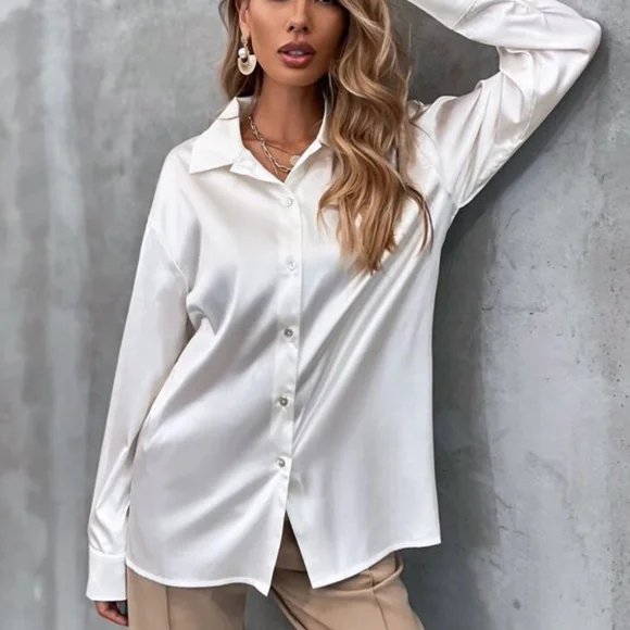 Black Classic button up Satin Boyfriend Work Top Minimalist - Picture 16 of 16